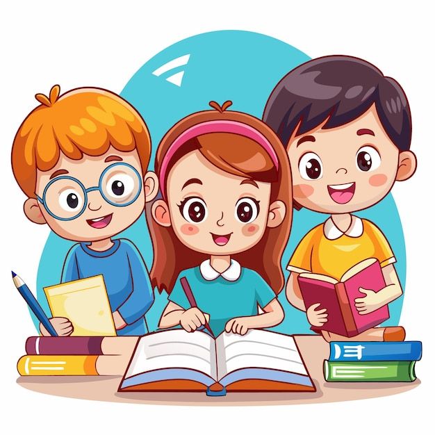 “Ilustración de tres niños sonrientes sentados en una mesa leyendo y compartiendo libros.”
